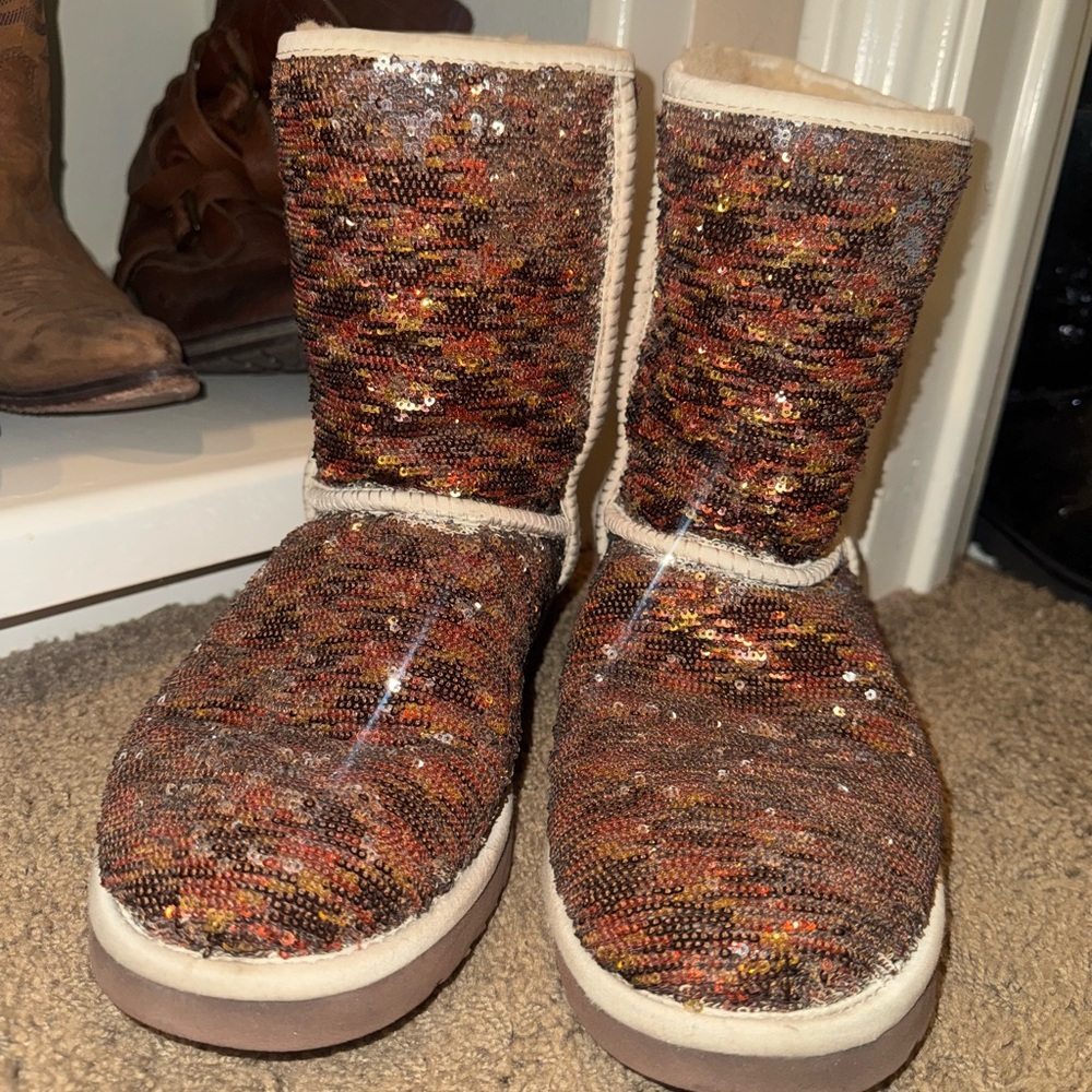 UGG Australia Multicolor Sequin Winter Boots | Brown & Silver Women’s Size 9